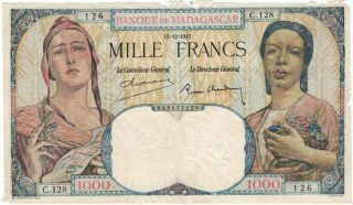 Madagascar 1000 Francs 1947 Large Great Design French Colonies Note Pick 41