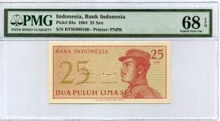 Indonesia 25 Sen 1964 P 93 Gem Unc Pmg 68 Epq Low Solid 100 Highest