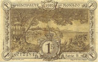 Monaco 1 Franc 1920 Brown First Issue Rare Series B P - 4b Rare Note