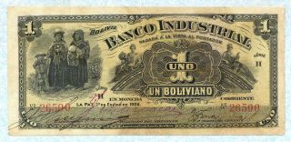 Bolivia Banco Industrial 1 Boliviano 1906 S161a F/vf Rare