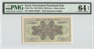 Israel Nd (1953) P - 13e Pmg Choice Unc 64 Epq 250 Pruta (with Menorah At Right)