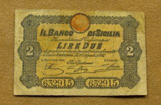 Il Banco Di Sicilia Paper Money 2 Lire 27/4 1870 Old Banknote Currency