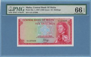 Malta,  Central Bank Of Malta - Pk 28a - 10 Shillings - 1967 (1968) 66 Epq