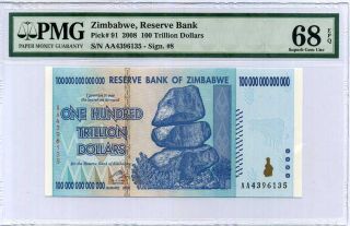 Zimbabwe 100 Trillion Dollars 2008 P 91 Gem Unc Pmg 68 Epq