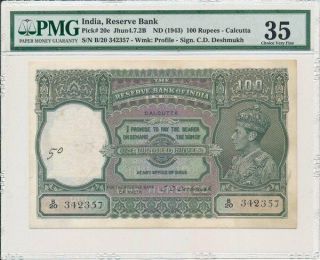 Reserve Bank India 100 Rupees Nd (1943) Calcutta Pmg 35