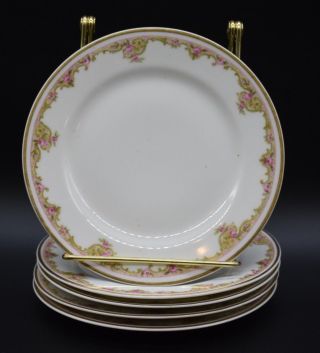 (5) Theodore Haviland Limoges Pink Roses Green & Gold 6 1/4 " Bread Plates (h18)