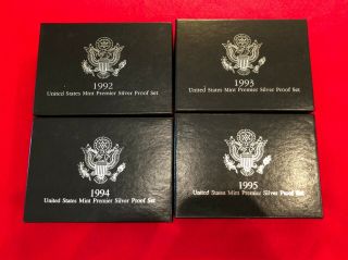 1997 U.  S.  Premier Silver Proof Set Box Set Of 4 (1992,  1993,  1994,  1995)