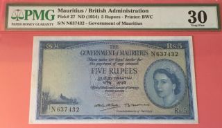 Mauritius,  The Government Of Mauritius 5 Rupees 1954 Pick 24 Very Rare