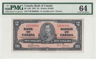 1937 Bank Of Canada Kgvi $2 Gordon & Towers " T/b " ( (pmg 64))