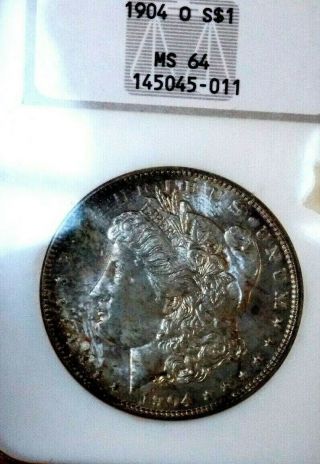 Morgan Silver Dollar 1904 O Ngc Ms 64,  Pastel Rainbow Under Grade Old Fatty