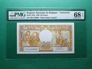 1948 Belgium Tresorerie 50 Francs P 133a Pmg 68 Epq Gem Unc " Top Pop 1 "