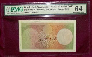 Bank Of Rhodesia And Nyasaland 10 Shillings Specimen Proof Pmg 64 Unique.