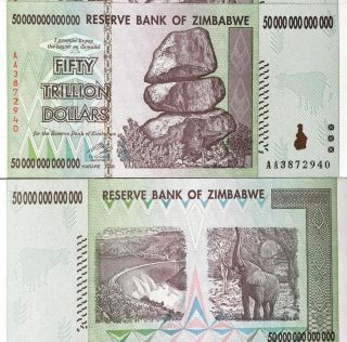 30 X Zimbabwe 50 Trillion Dollars,  Uncirculated,  Series Aa/2008 Zim Zims
