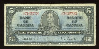 1937 Bank Of Canada $5 Banknote - Osborne Signature S/n: A/c7035733