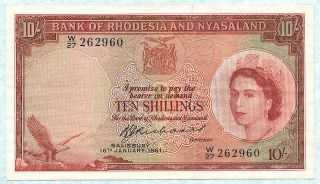 Rhodesia & Nyasaland 10 Shillings 1961 P20b Vf,