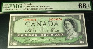 World Famous Devils Face $1 Bank Of Canada 1954 B/a Prefix Pmg 66 Gem Unc