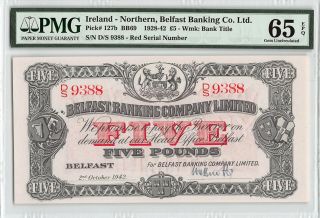 Northern Ireland,  Belfast Banking Co.  1942 P - 127b Pmg Gem Unc 65 Epq 5 Pounds