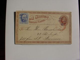 1873 US POSTAL CARD UX1 NY PAID IN RED POSTMARKED BALTIMORE BLUE BREMEN GERMANY 2