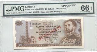 Ethiopia Pick 21s 1961 20 Dollars Specimen Pmg 66 Epq