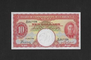 Ef / Au 10 Dollars 1941 Malaya & British Borneo England Brunei Singapore Straits