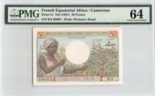 French Equatorial Africa / Cameroun Nd (1957) P - 31 Pmg Choice Unc 64 50 Francs