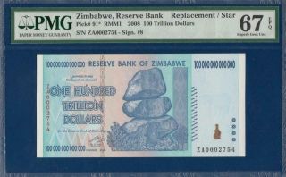 Zimbabwe 100 Trillion Dollars 2008 P91 Replacement / Star Pmg 67 Gem Unc