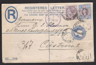 Gb Great Britain Qv 1897 2d Registered Envelope To Germany,  Added 9d Stamp
