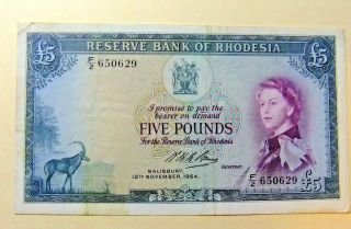 1964 Reserve Bank Of Rhodesia Five Pounds Note - Vf 25