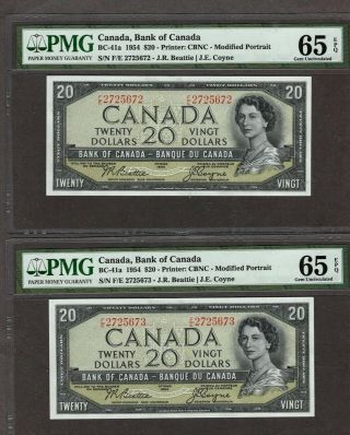 2 Consecutive 1954 $20 Canadian Notes,  Bc - 41a,  Pmg 65 Epq,