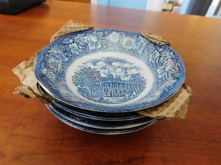 Vintage Set Of 4 Bowls Liberty Blue Historic Colonial Scenes - Nos