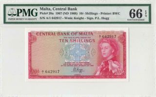 1967 Central Bank Of Malta 10 Shillings Rare ( (pmg 66 Epq))