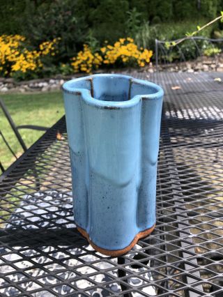 Joan Mallick Block Island Blue Art Pottery Clover Vase Artist Signed