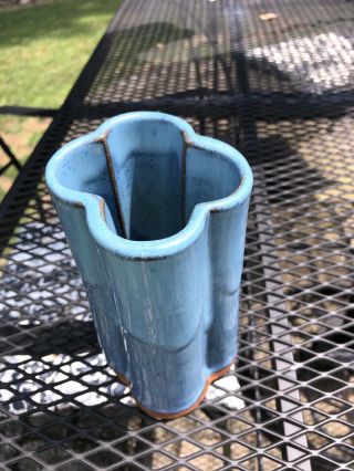 Joan Mallick Block Island Blue Art Pottery Clover Vase Artist Signed 2