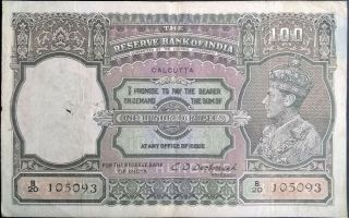 British India 100 Rupees 1943 Deshmukh P 20e Calcutta King George Kgvi Wwii Vf