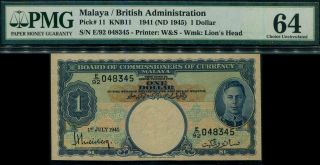 Malaya Board Of Commissioners Currency Banknote Kgvi $1 Pmg 64 P11 Cunc 1941