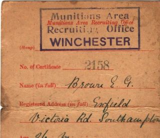Gb Ww1 Recruiting Scheduled Occupation Certificate Card 1917 Winchester Ma659