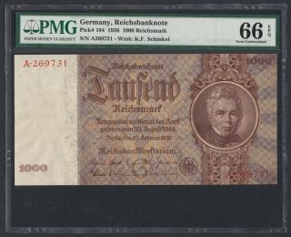 Germany 1000 Reichsmark 1936 Unc (pick 184) Pmg - 66 Epq (a269731)