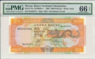 Banco Nacional Ultramarino Macau 1000 Patacas 1999 Prefix Ma Pmg 66epq
