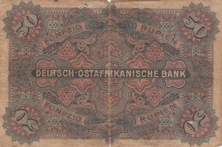 50 RUPIEN VG BANKNOTE FROM GERMAN EAST AFRICA 1905 PICK - 3 EXTRA RARE LOW SERIAL 2