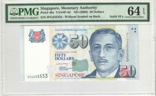 2008 Singapore 50 Dollars P - 49a Solid Number 333333 Pmg 64 Epq Choice Unc