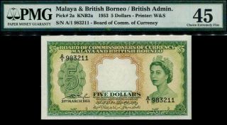 Malaya & British Borneo Queen Elizabeth $5 Banknote Pmg 45 Choice Ef 1953 P2a.