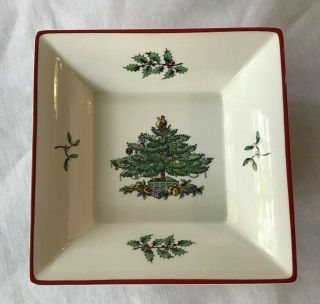 Spode Christmas Tree Square Bowl/ Candy Dish.  6 X 6 Inches Red Border Trim