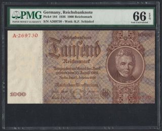 Germany 1000 Reichsmark 1936 Unc (pick 184) Pmg - 66 Epq