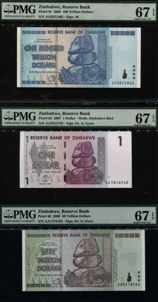 Tt Pk 91,  90 & 65 Zimbabwe 100,  50 Trillion & 1 Dollar Set Of 3 Notes Pmg 67 Epq