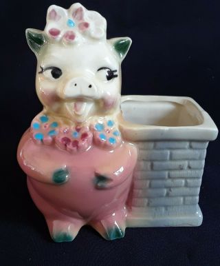 American Bisque Piggy Planter With Chimney Bow Or Flower In Hair