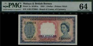 Malaya & British Borneo Queen Elizabeth $1 Banknote Pmg 64 Choice Unc 1953 P1a.