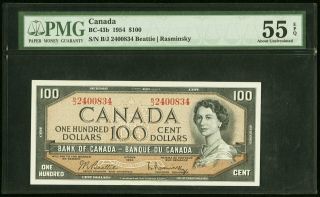 Canada Bank Of Canada 100 Dollars 1954 Bc - 43b Pmg About Uncirculated 55 Epq