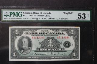 1935 $1 Bank Of Canada Note Bc - 1 English Text - Pmg Au53 King George V