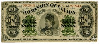 1878 Dominion Of Canada One Dollar Vg Banknote Countess Of Dufferin