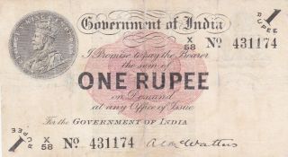 1 Rupee Fine - Vg Banknote From British India 1917 Pick - 1